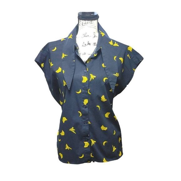 Eloquii Navy Blue Blouse Top Yellow Banana Print 14 - Picture 1 of 8